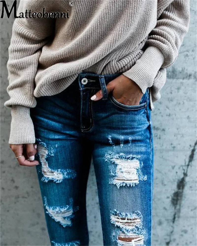Women’s High-Waist Ripped Pencil Jeans – Tight-Fitting Stretch Denim Streetwear.
