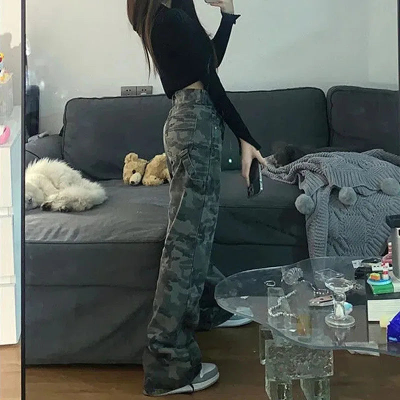 Camo Casual Jeans for Women – High-Waist, Military Green, Straight-Leg Work Pants.