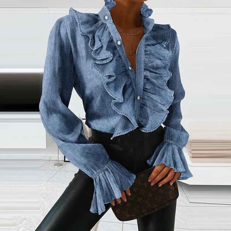 Denim Ruffled Long Sleeve Shirt, V-Neck Pleated Chiffon Blouse, Sexy Spring Office Top.