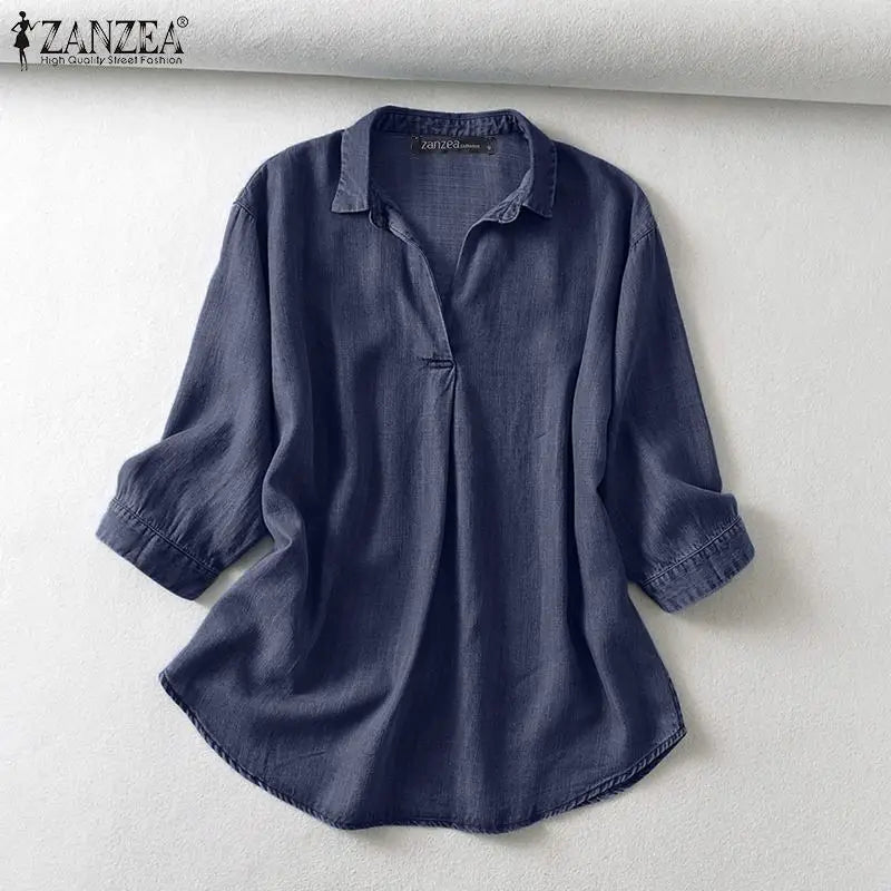 ZANZEA Women's Denim Blouse – Casual 3/4 Sleeve Tunic for Work
