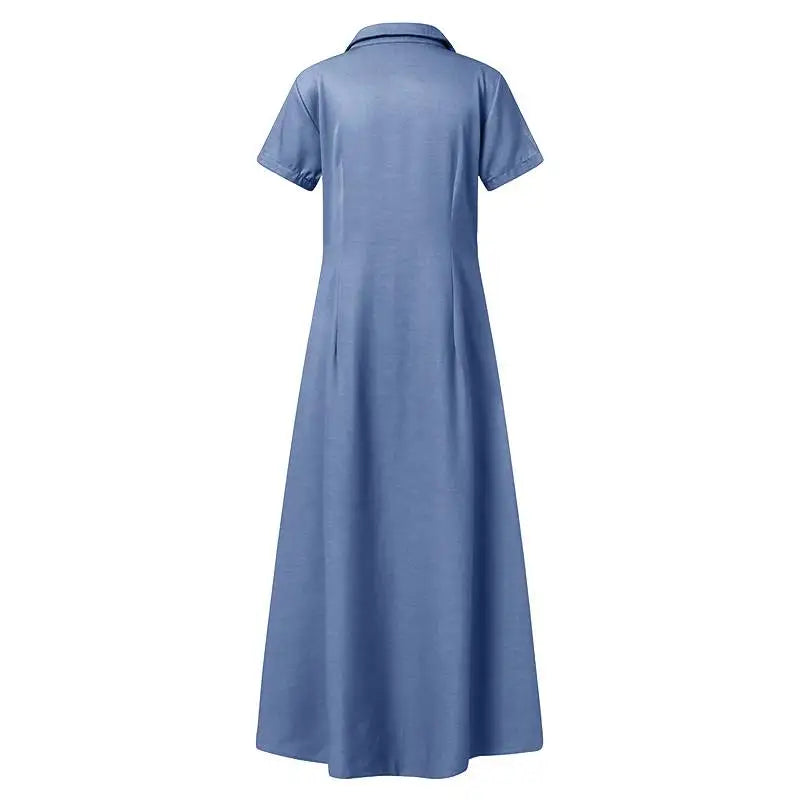 Women’s Lapel Pocket Denim Dress, Short Sleeve, Loose Single-Breasted Shirt Dress.