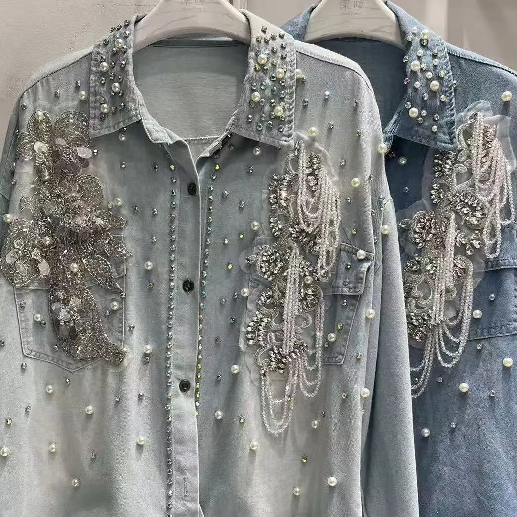 Autumn Crystal Tassel Denim Shirt, Loose Casual Top, Women's Jacket.