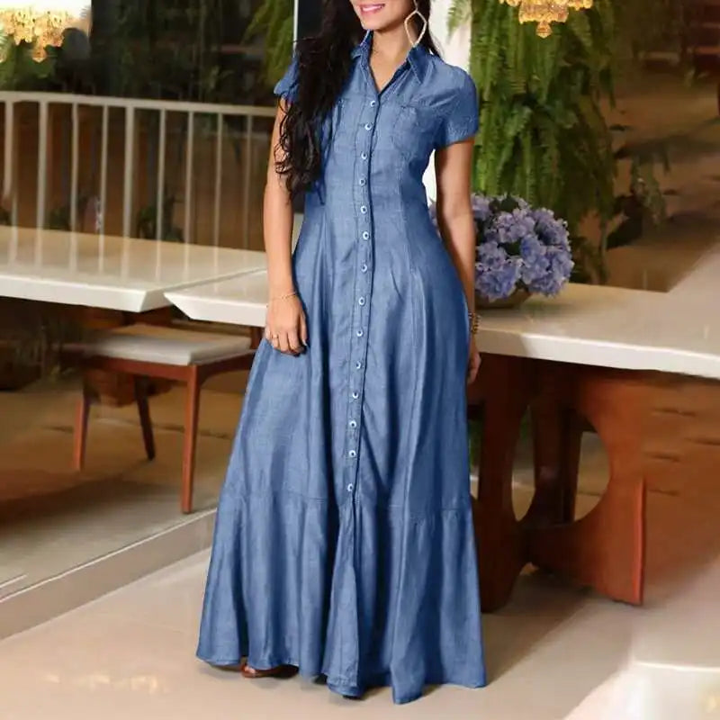 Women’s Lapel Pocket Denim Dress, Short Sleeve, Loose Single-Breasted Shirt Dress.