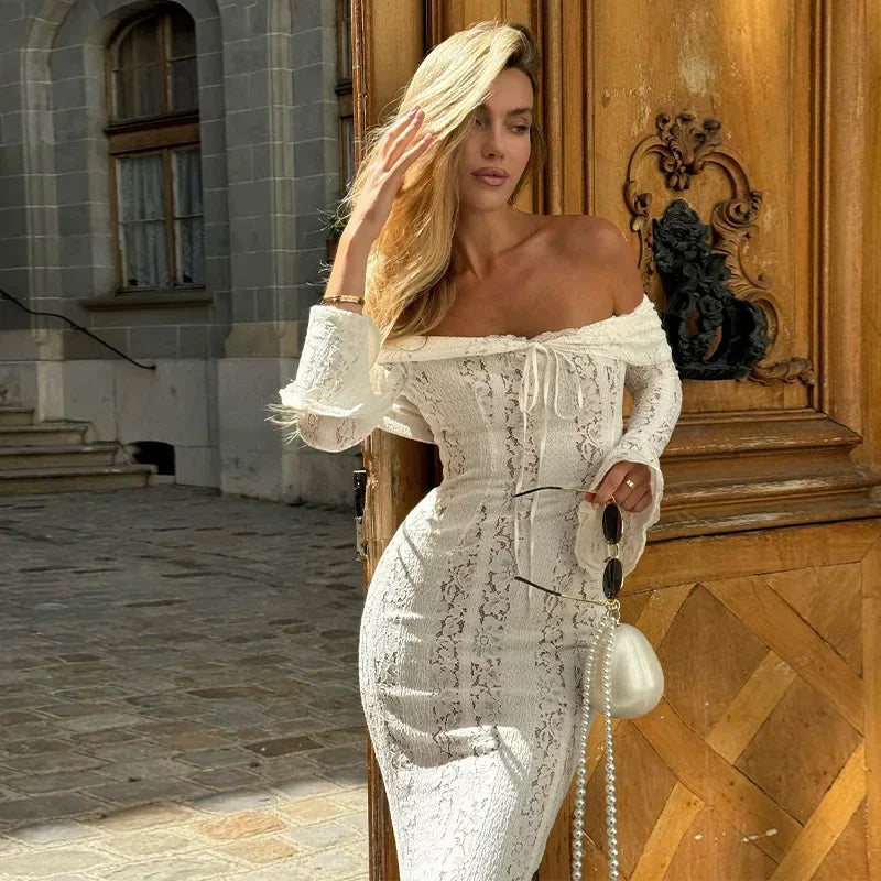 Sexy Hollow-Out Slash Neck Lace Dress – Flared Sleeves, Slim Fit Evening Party Dress