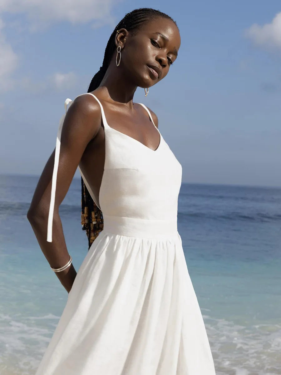 Backless Pleated Halter Dress – Summer Casual Beach Vacation
