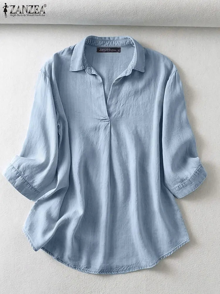 ZANZEA Women's Denim Blouse – Casual 3/4 Sleeve Tunic for Work