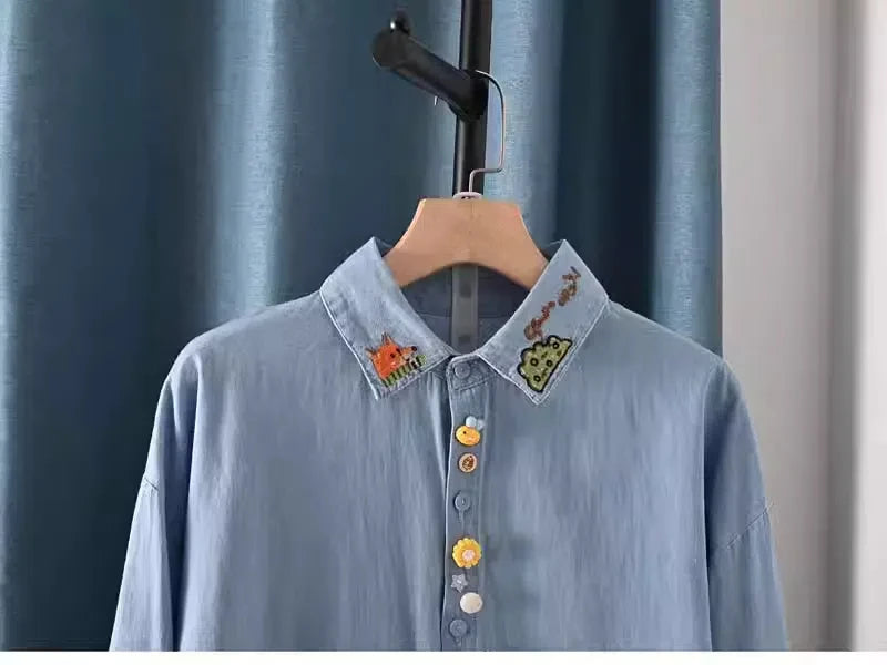 Harajuku Y2K Denim Shirt, Women's Spring Top, Floral Embroidery, Long Sleeve.