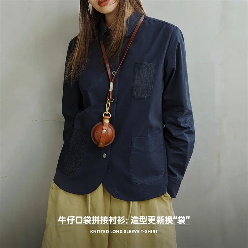 Maden Denim Patchwork Shirt, Women's Long Sleeve Casual Jacket, Navy Blue.