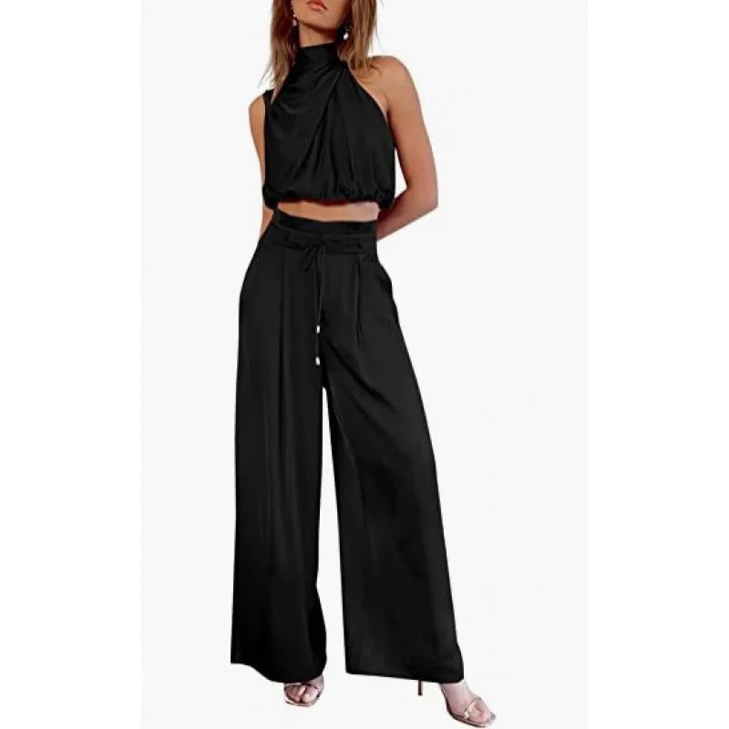 Women's 2-Piece Silk Set – Sleeveless Top & Wide Leg Pants, Summer