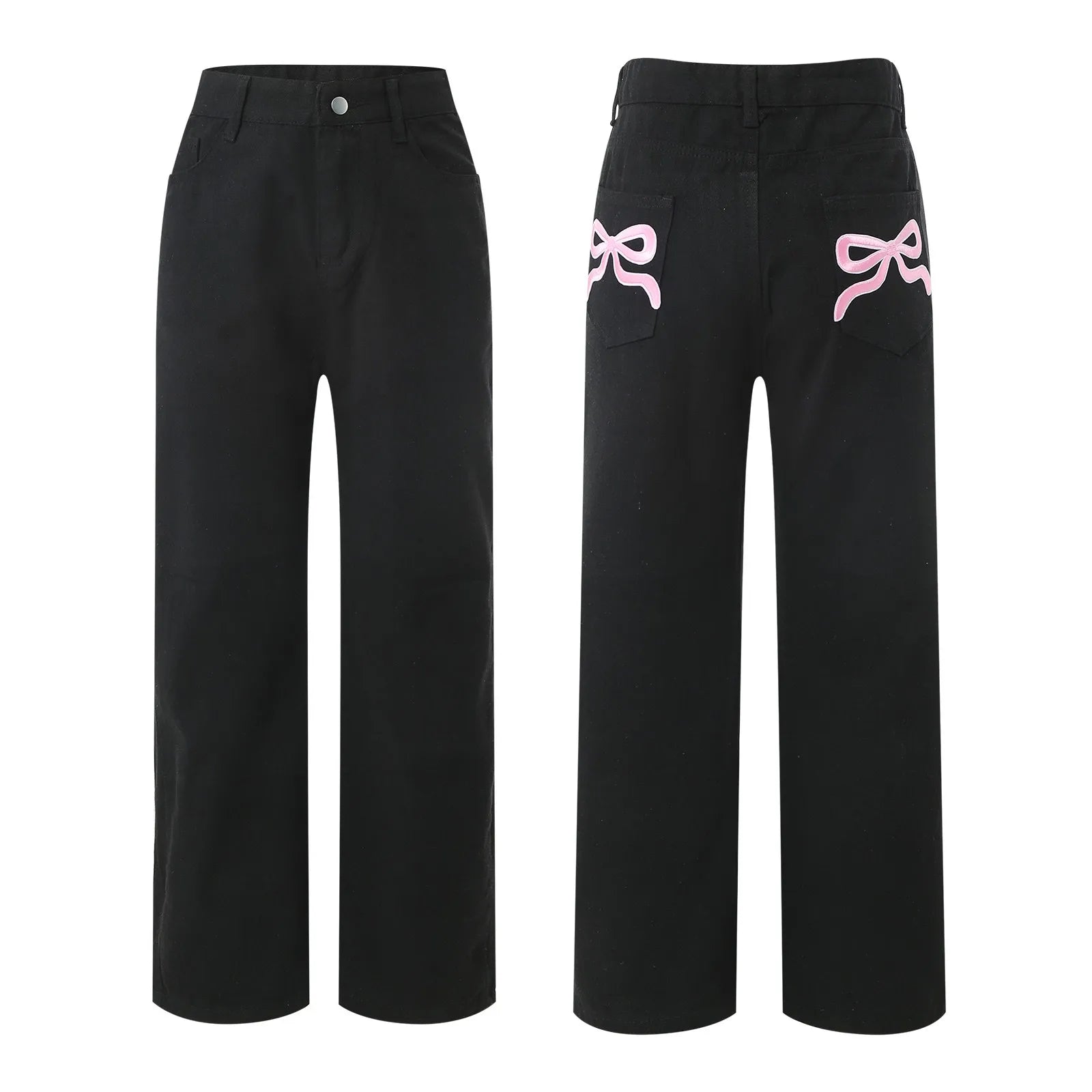 Tie-Bow Embroidery Jeans for Women – High-Waist, Baggy, Vintage Y2K Wide-Leg Denim.