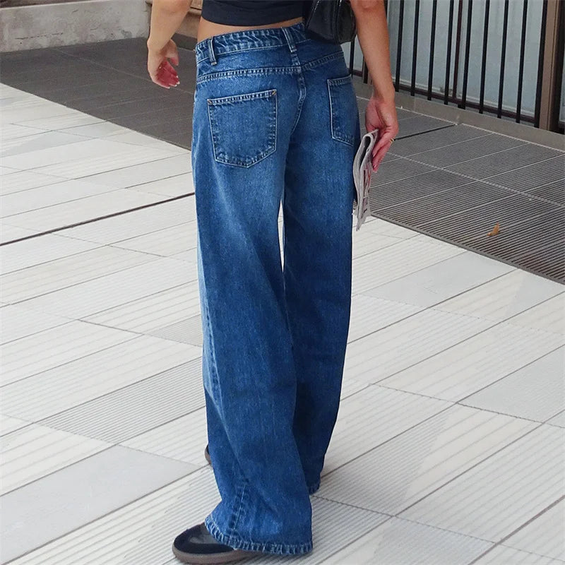 Lamuusaa Y2K Jeans for Women – Low-Waist, Wide-Leg Denim with Multi Pockets.