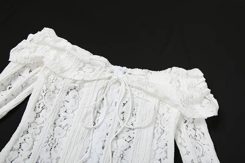 Sexy Hollow-Out Slash Neck Lace Dress – Flared Sleeves, Slim Fit Evening Party Dress
