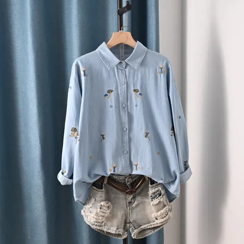 Harajuku Y2K Denim Shirt, Women's Spring Top, Floral Embroidery, Long Sleeve.