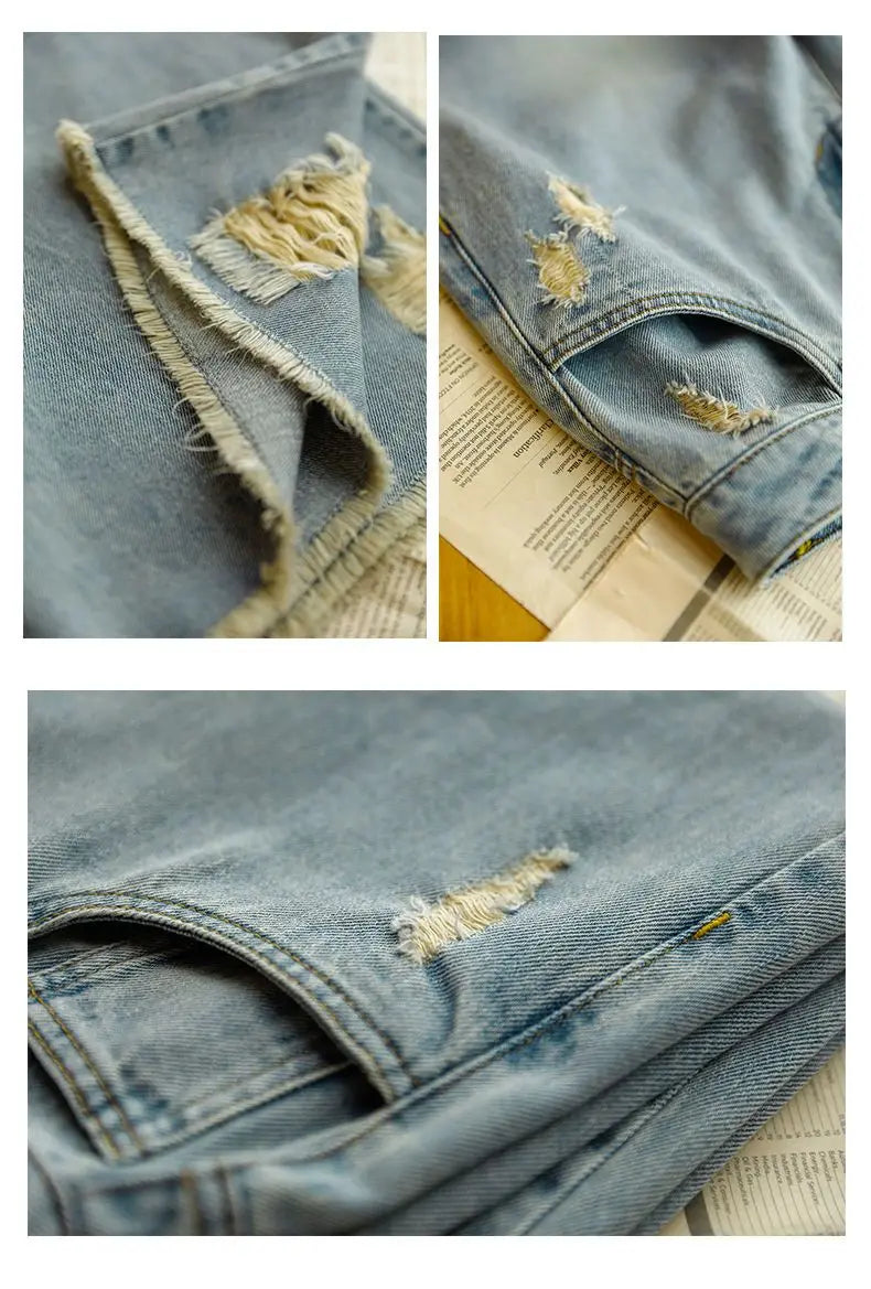 Capri Ripped Jeans for Women – High-Waist, Baggy, Wide-Leg Denim, Summer Streetwear.