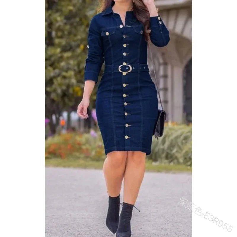 Denim Dress, Women's Lapel Slim Fit, High Waist, Long Sleeve, Single-Breasted.