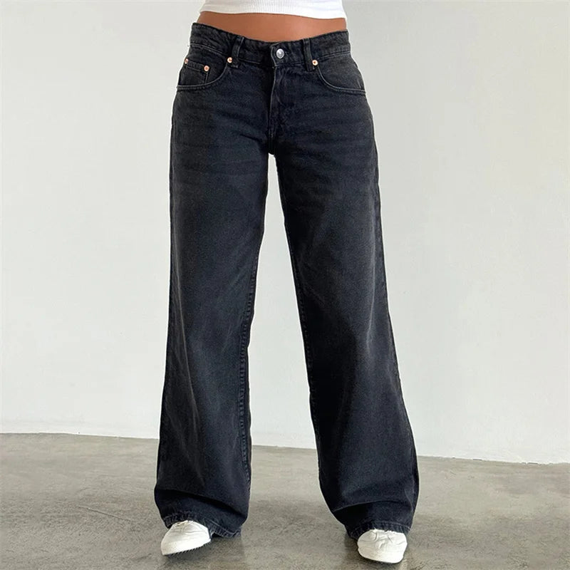 Lamuusaa Y2K Jeans for Women – Low-Waist, Wide-Leg Denim with Multi Pockets.