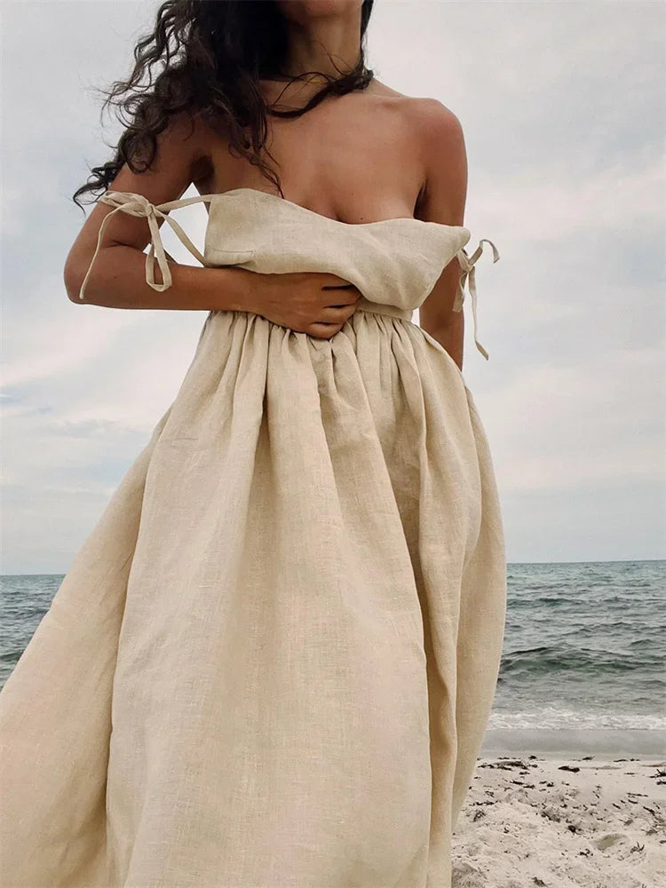 Backless Pleated Halter Dress – Summer Casual Beach Vacation