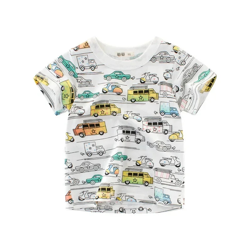Kids’ T-Shirt – Cartoon Car Print, Short Sleeve, Cotton Tee for Boys & Girls