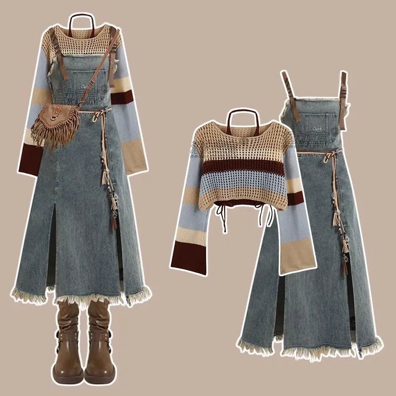Spring Vintage Denim Skirt Set, Knit Shirt + Split Dress.