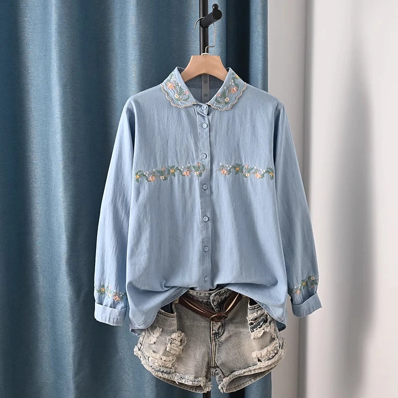 Harajuku Y2K Denim Shirt, Women's Spring Top, Floral Embroidery, Long Sleeve.