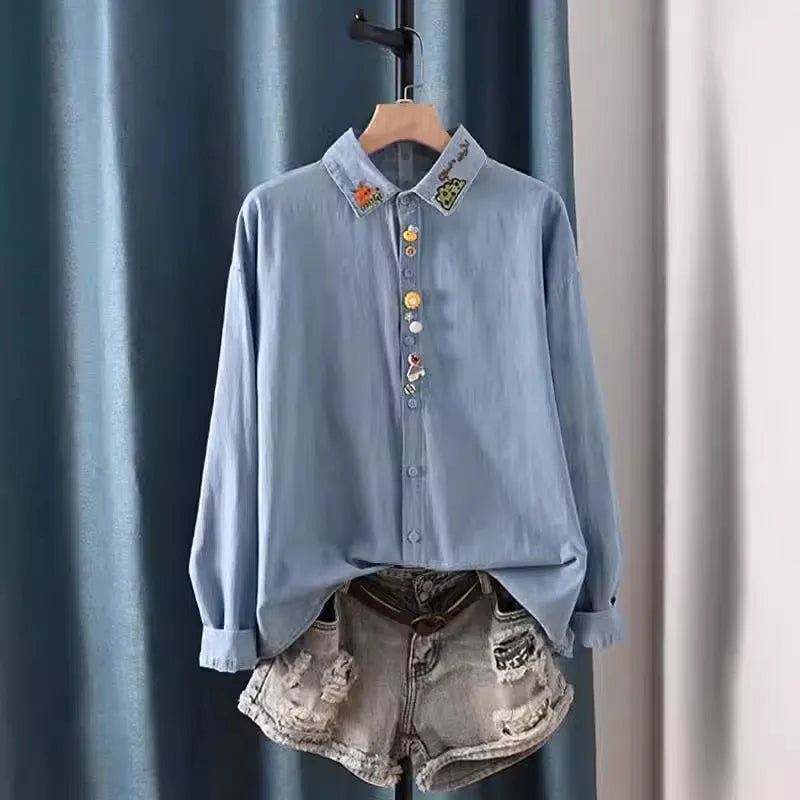 Harajuku Y2K Denim Shirt, Women's Spring Top, Floral Embroidery, Long Sleeve.