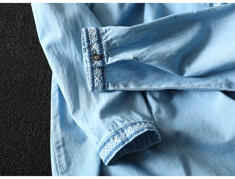 Summer Elegant Ethnic Embroidery Denim Blouse, Long Sleeve, Y2K Vintage Top.