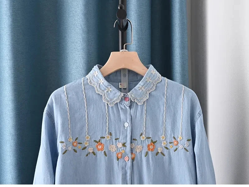 Harajuku Y2K Denim Shirt, Women's Spring Top, Floral Embroidery, Long Sleeve.