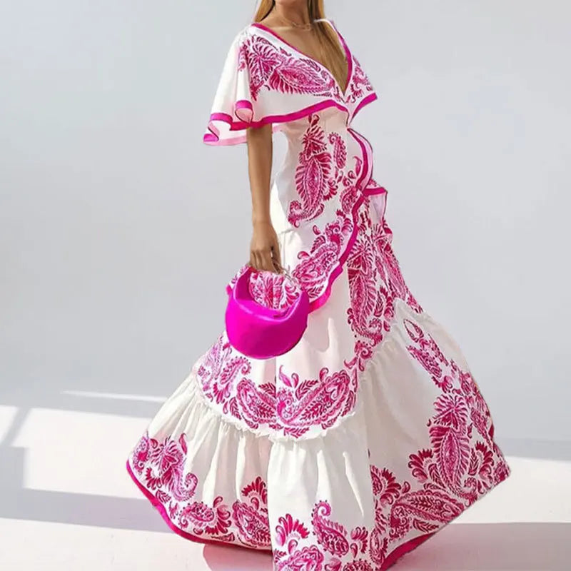 Women’s Casual Pleated Long Dress – V-Neck, Ruffle Bohemian Print Party Dress
