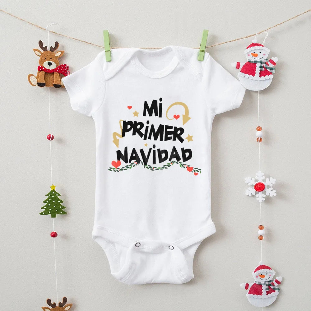 My First Christmas" Spanish Bodysuit: Newborn Short Sleeve Romper for Xmas Party