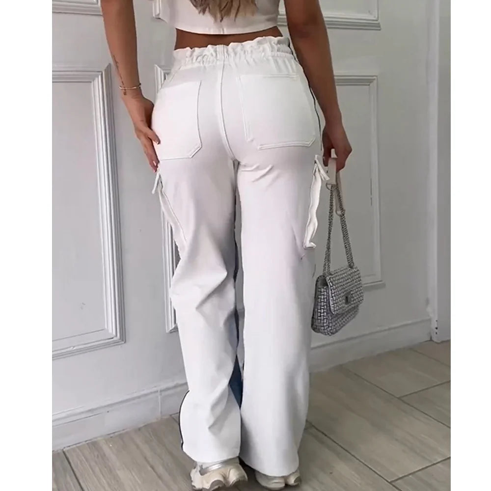 Women’s High-Waisted Baggy Patchwork Cargo Jeans – Y2K Lace-Up Streetwear.