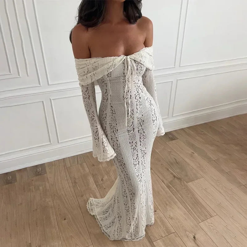 Sexy Hollow-Out Slash Neck Lace Dress – Flared Sleeves, Slim Fit Evening Party Dress