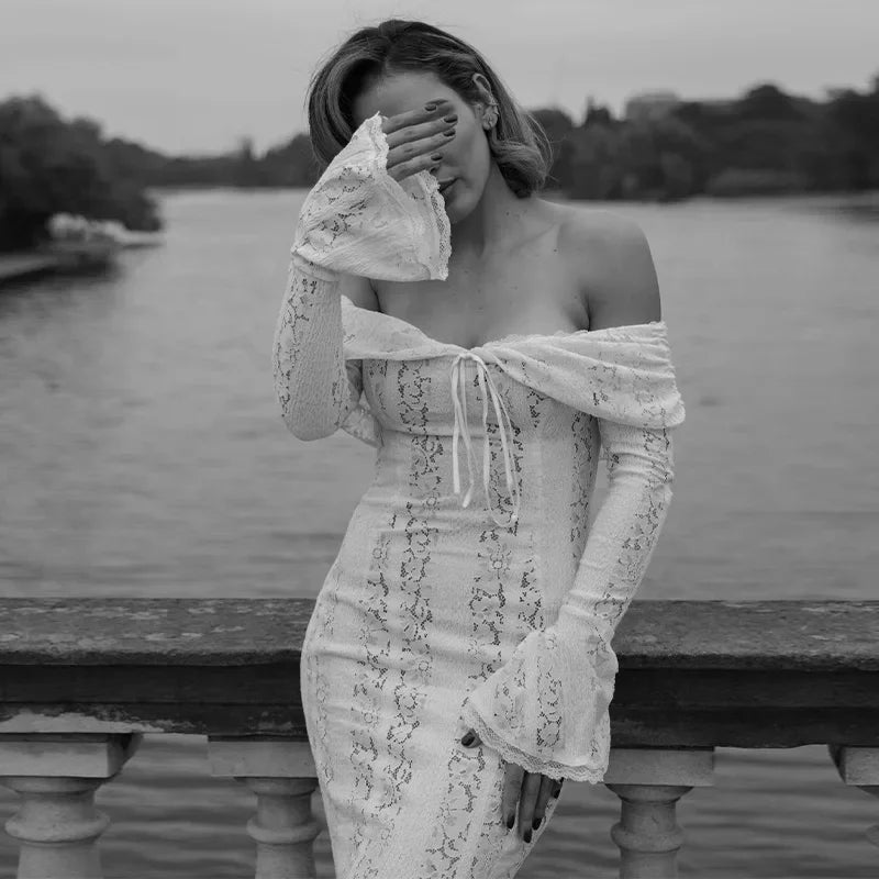 Sexy Hollow-Out Slash Neck Lace Dress – Flared Sleeves, Slim Fit Evening Party Dress
