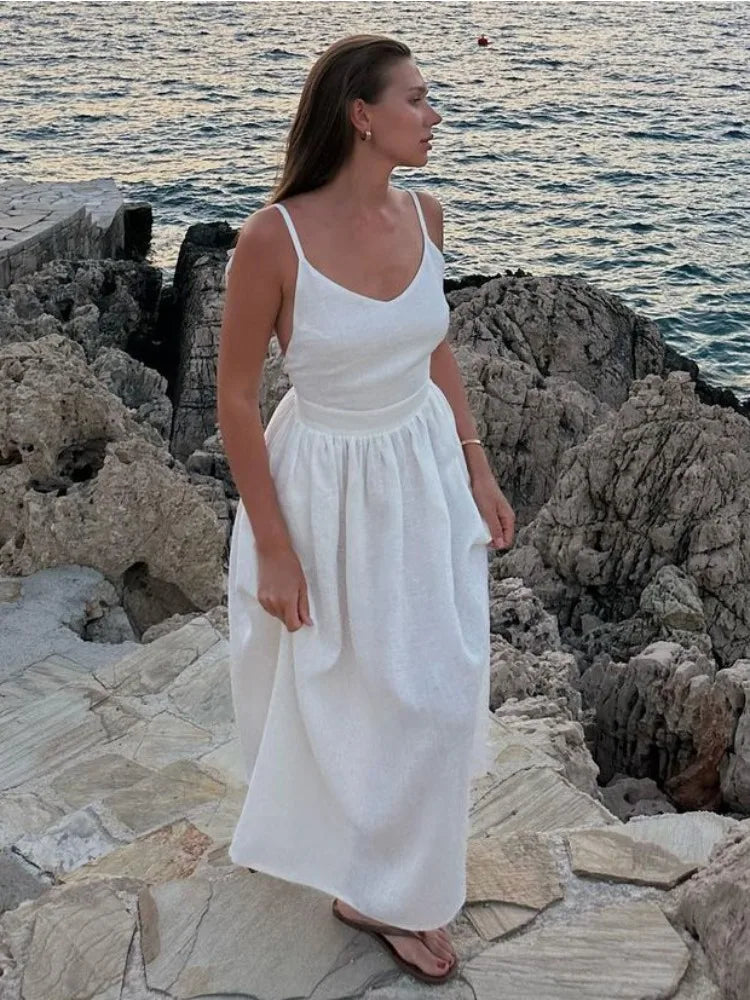 Backless Pleated Halter Dress – Summer Casual Beach Vacation