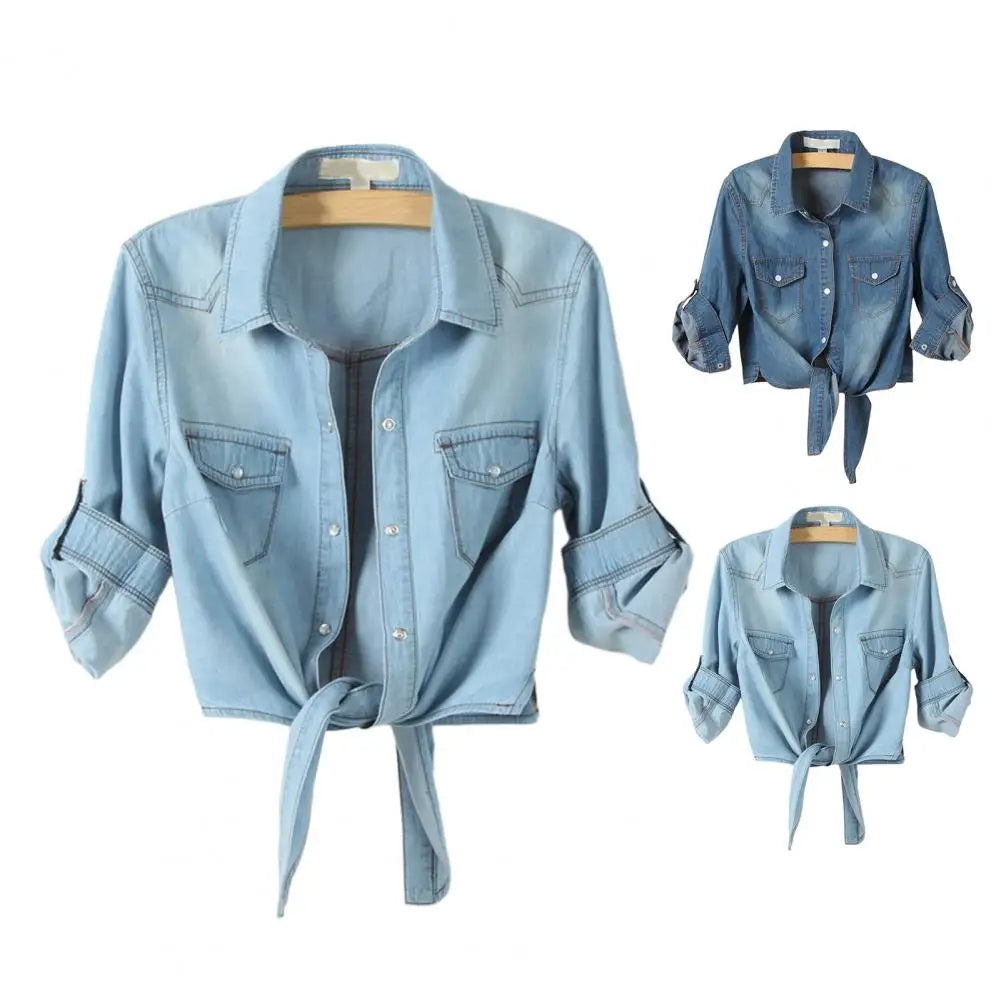 Tie Knot Denim Jacket, Cropped Length, Single-Breasted, Lace-Up Blue Jeans Cardigan.