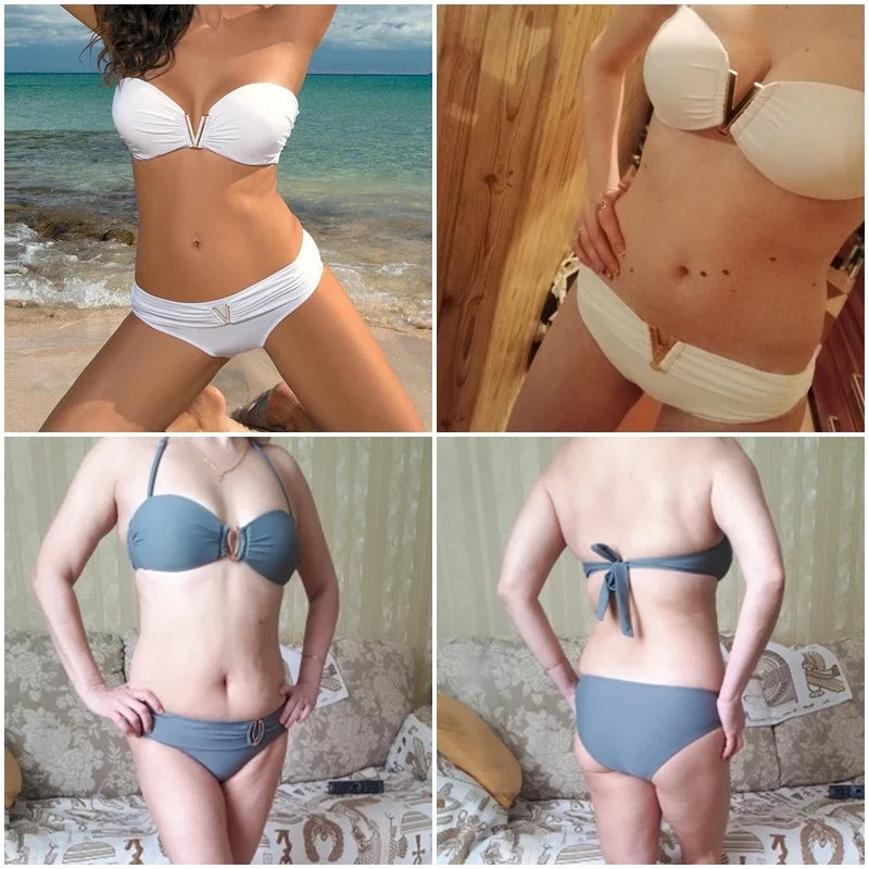 White push up woman swimsuit 2024 new Summer beach sexy bikini set solid swimming suit for women swimwear Bandeau bathing suit