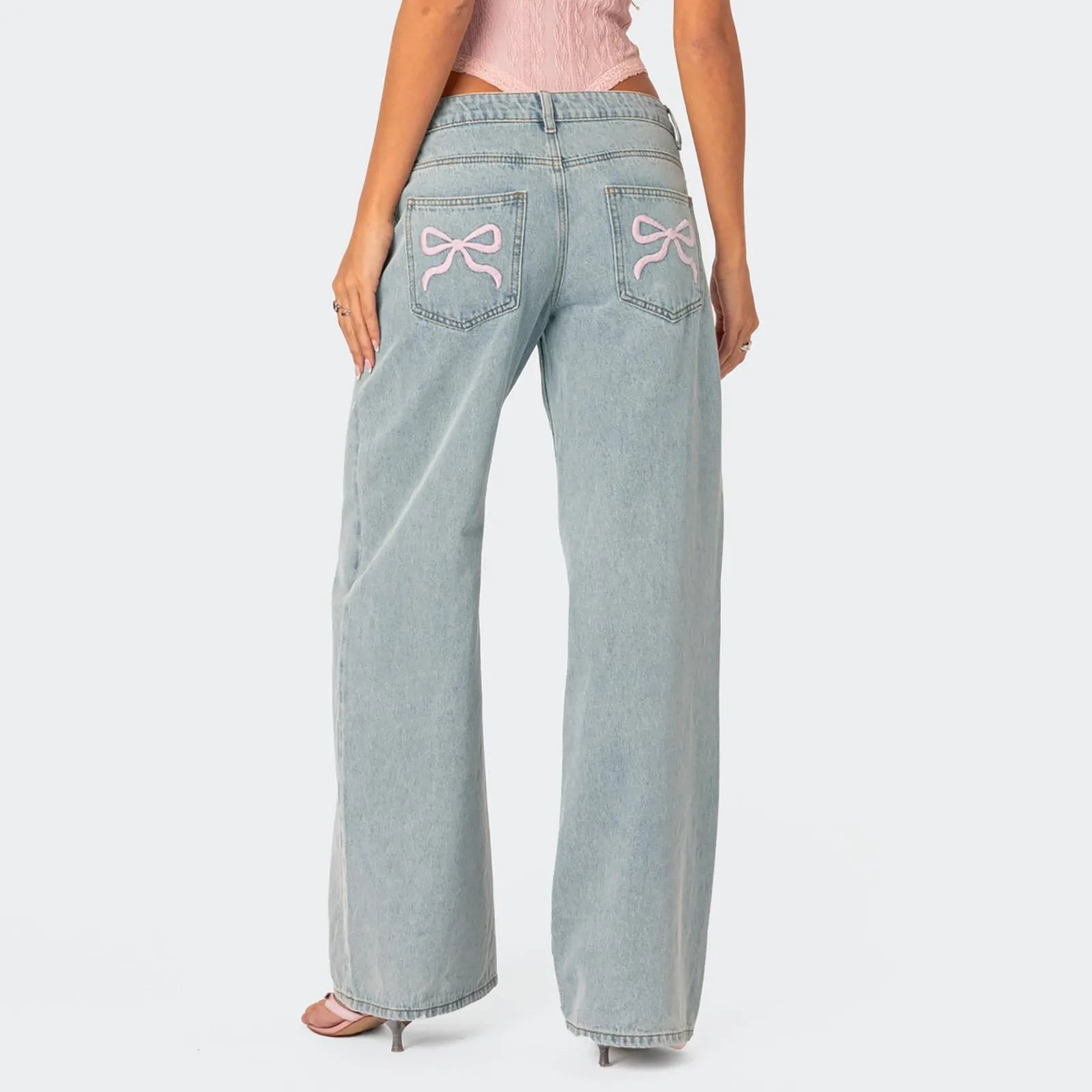 Tie-Bow Embroidery Jeans for Women – High-Waist, Baggy, Vintage Y2K Wide-Leg Denim.