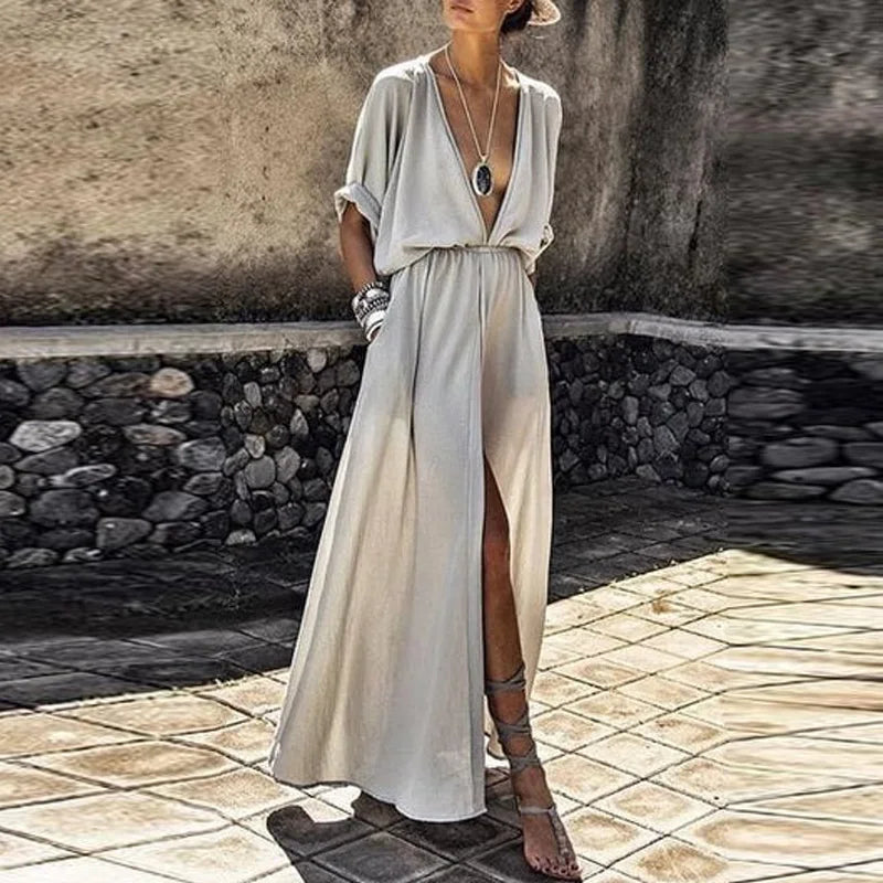 Sexy V-Neck High Slit Sundress – Casual Boho Party Maxi Dress