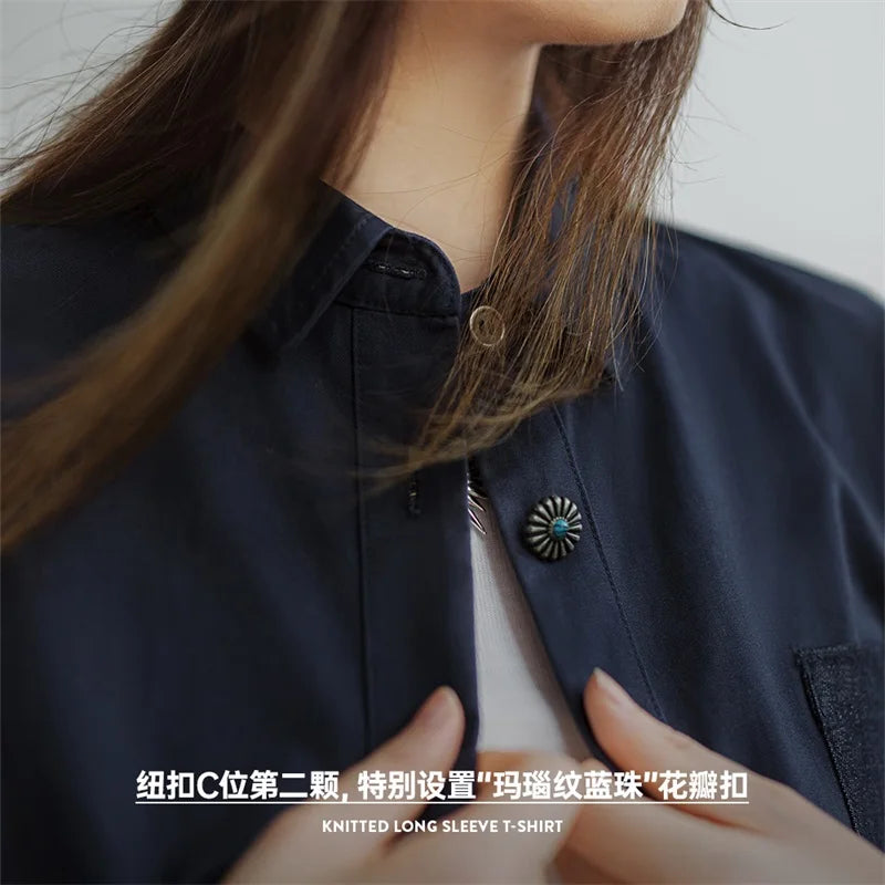 Maden Denim Patchwork Shirt, Women's Long Sleeve Casual Jacket, Navy Blue.