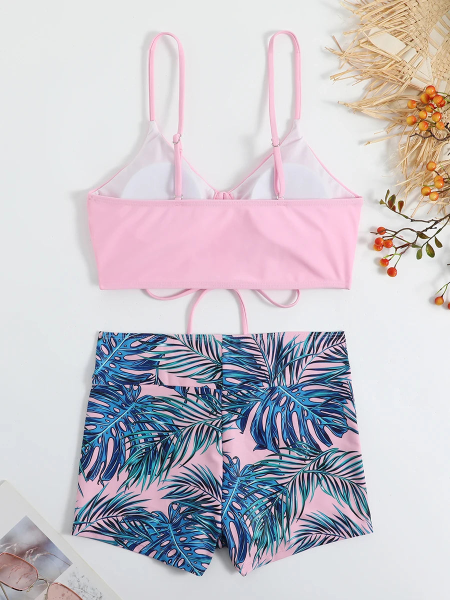 2025 Tropical Bikini – High waist, tie-front shorts.