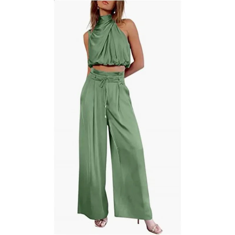 Women's 2-Piece Silk Set – Sleeveless Top & Wide Leg Pants, Summer
