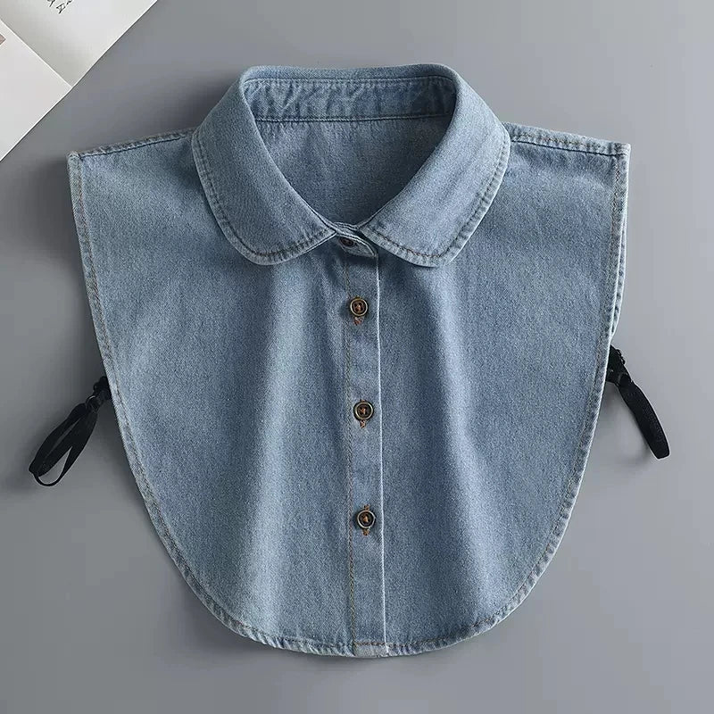 Fashion Denim Ruffle Fake Collar Shirt for Women, Detachable Lapel, Tie Half Blouse.