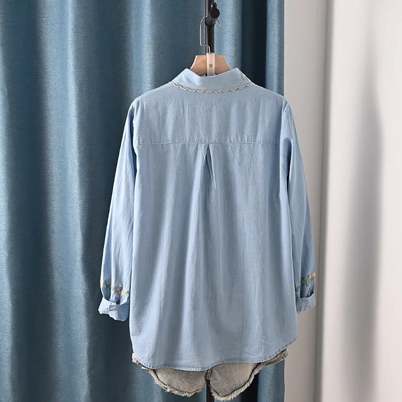 Harajuku Y2K Denim Shirt, Women's Spring Top, Floral Embroidery, Long Sleeve.