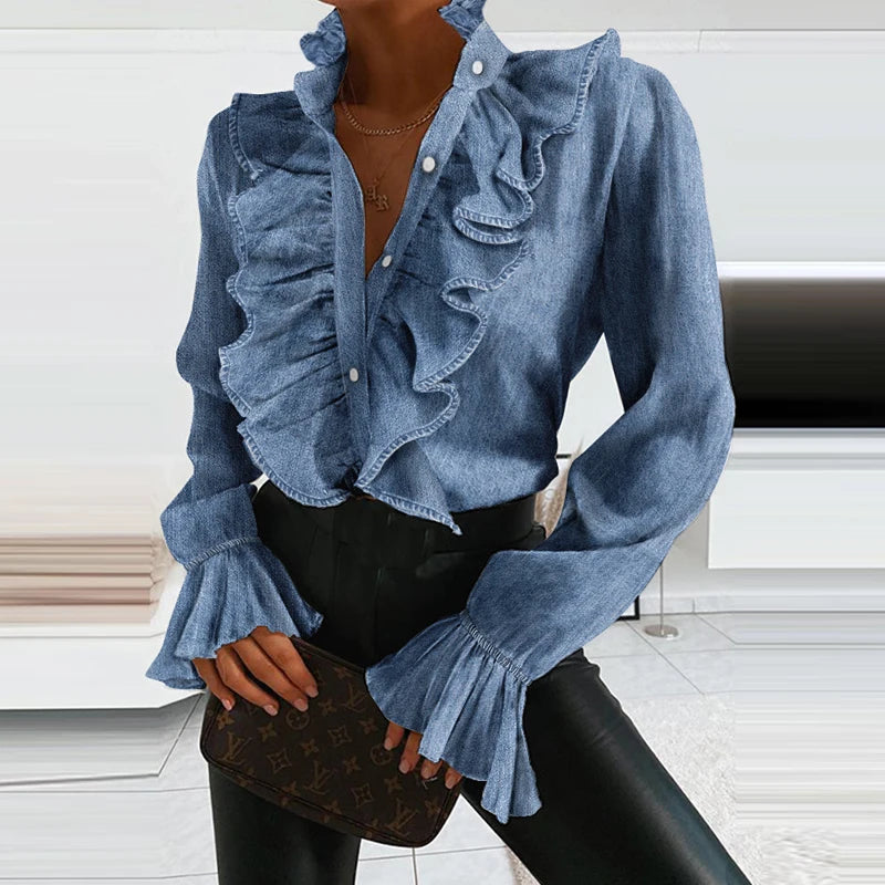 Denim Ruffled Long Sleeve Shirt, V-Neck Pleated Chiffon Blouse, Sexy Spring Office Top.