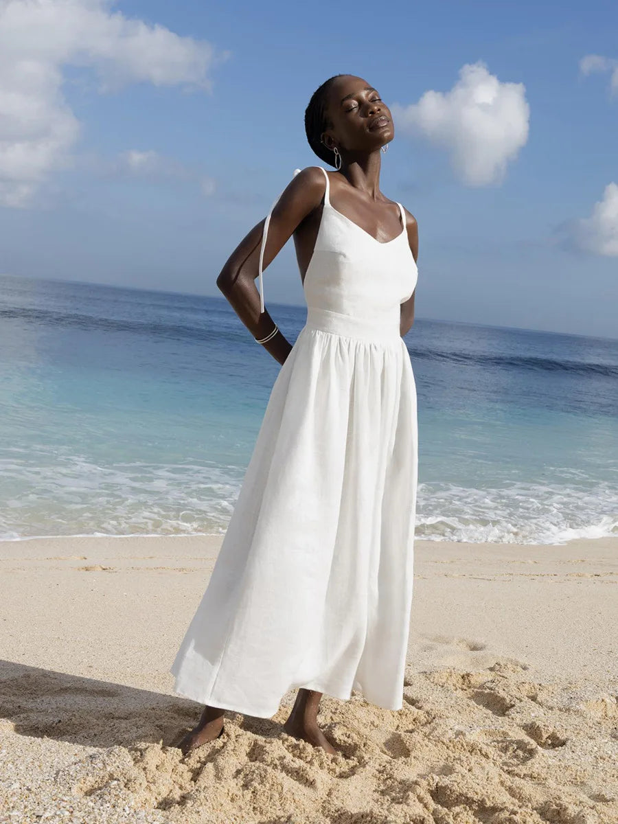 Backless Pleated Halter Dress – Summer Casual Beach Vacation