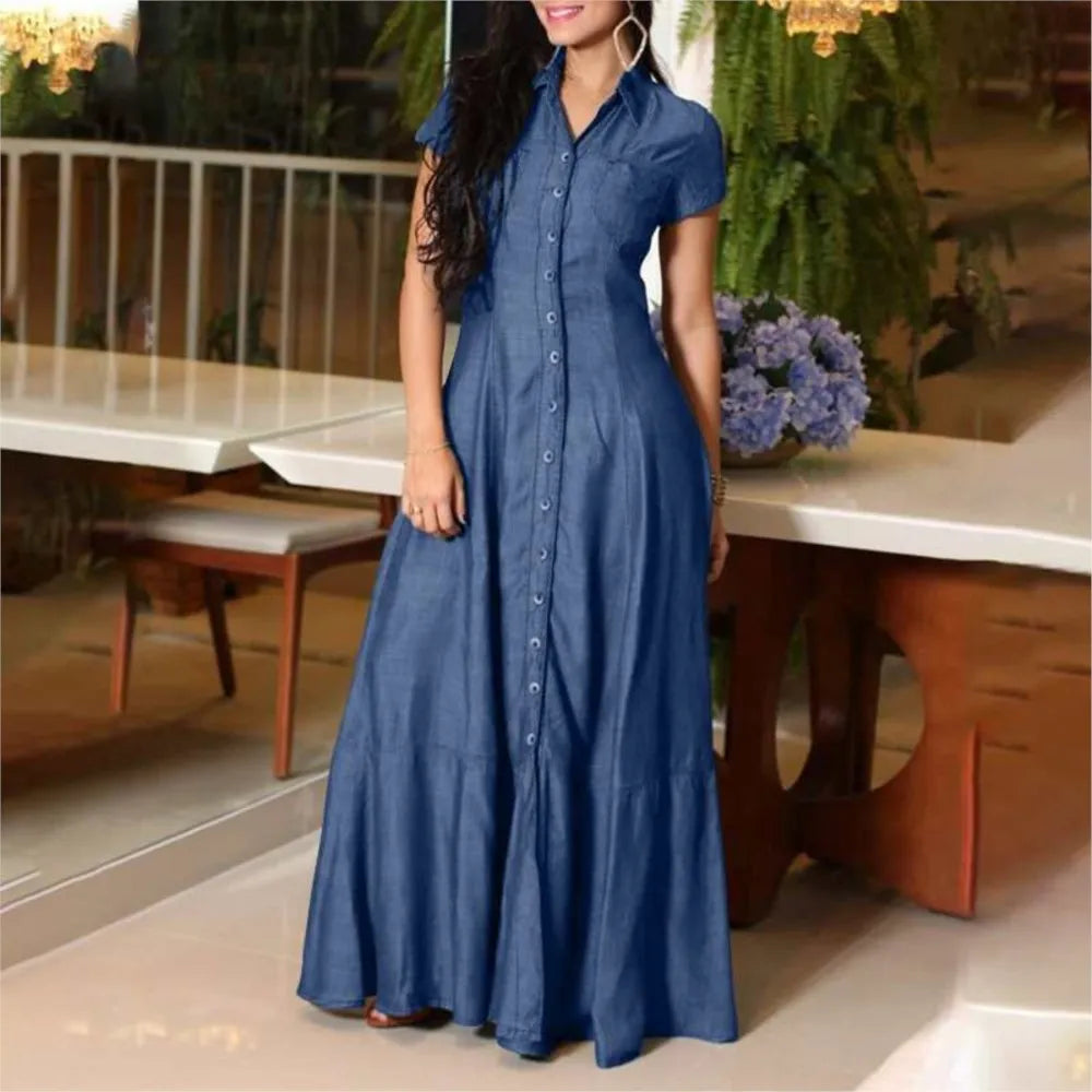 Women’s Lapel Pocket Denim Dress, Short Sleeve, Loose Single-Breasted Shirt Dress.