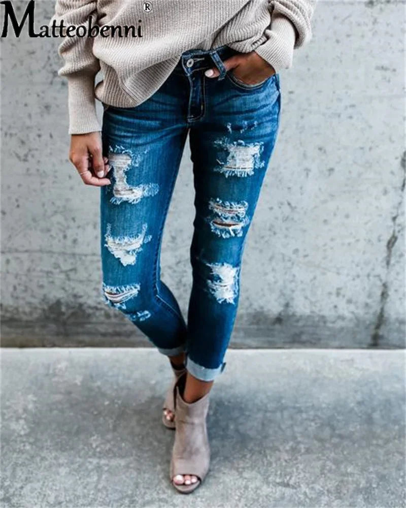 Women’s High-Waist Ripped Pencil Jeans – Tight-Fitting Stretch Denim Streetwear.