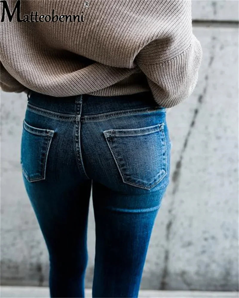 New Women’s Pencil Jeans – High-Waist, Ripped, Stretch Denim, Casual Streetwear.