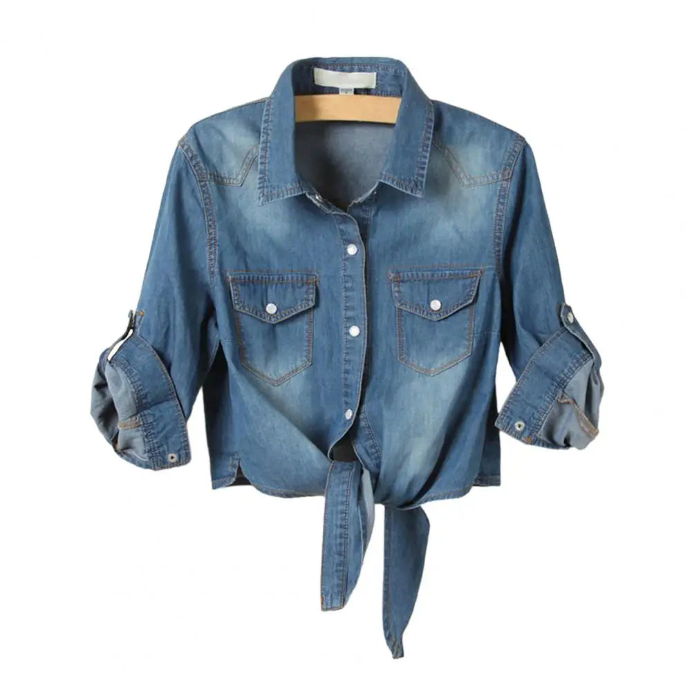 Tie Knot Denim Jacket, Cropped Length, Single-Breasted, Lace-Up Blue Jeans Cardigan.