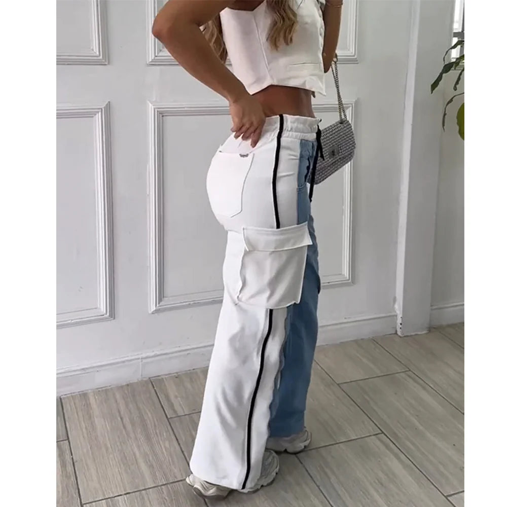 Women’s High-Waisted Baggy Patchwork Cargo Jeans – Y2K Lace-Up Streetwear.