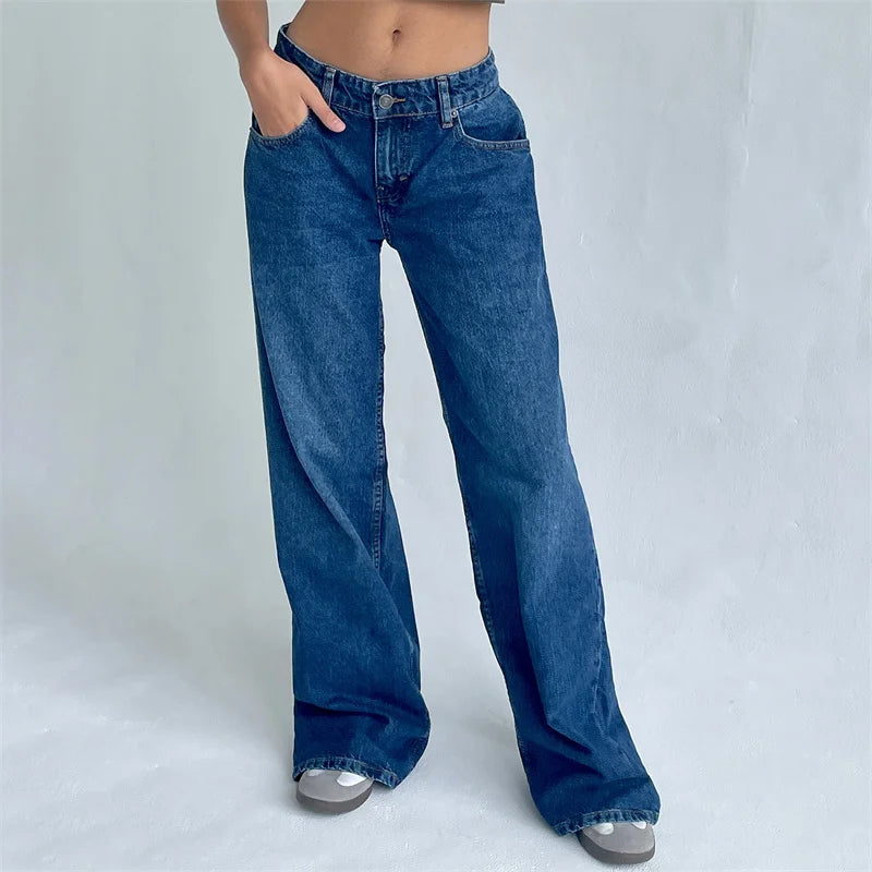 Lamuusaa Y2K Jeans for Women – Low-Waist, Wide-Leg Denim with Multi Pockets.